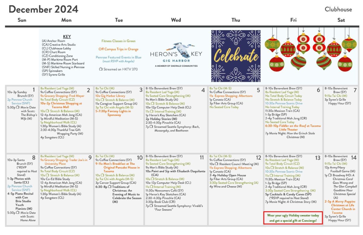 Heron's Key December Calendar of events and activities for residents of the community. Calendar includes activities on and off campus with dates and times for each event
