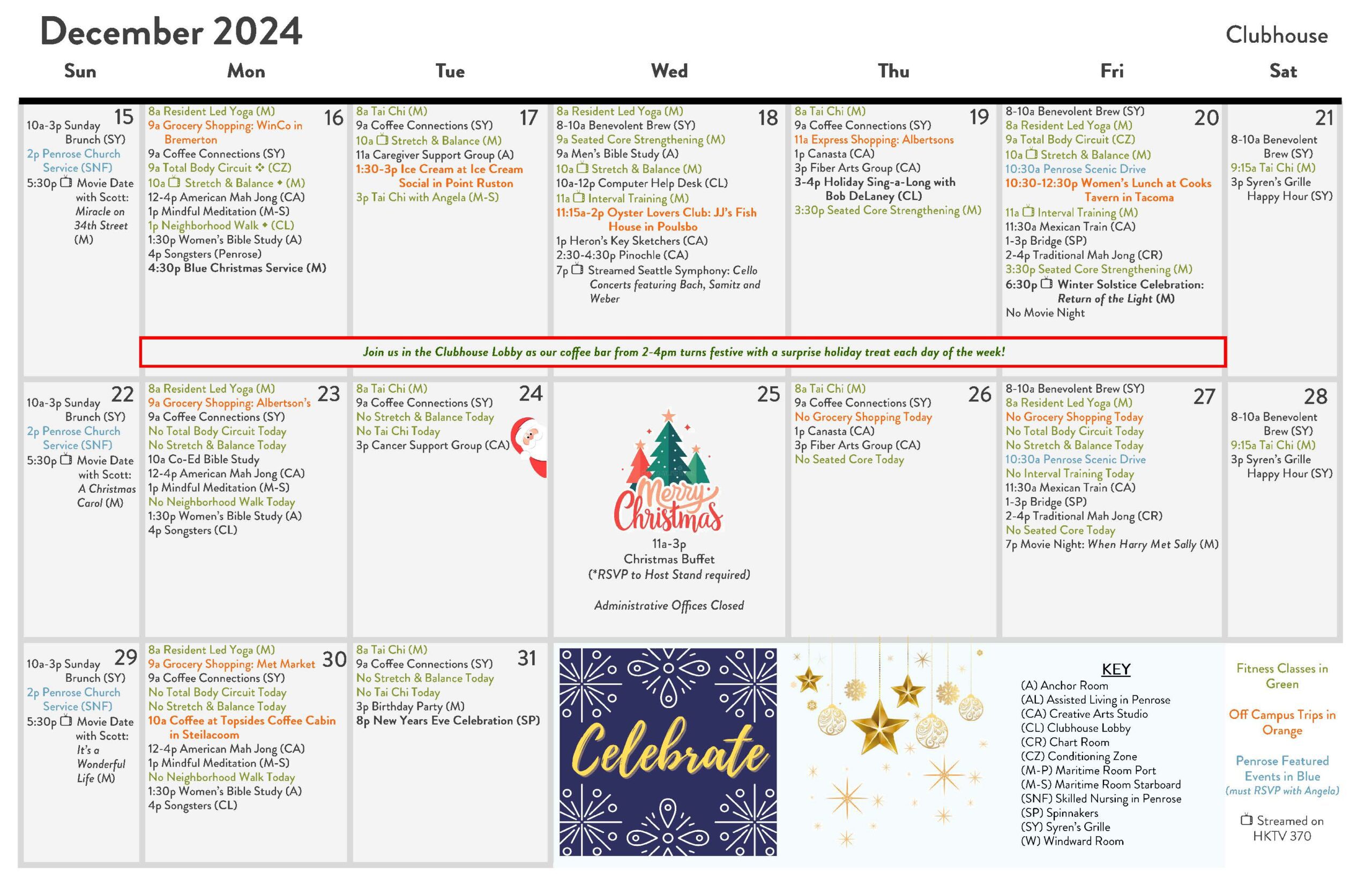 Heron's Key December Calendar of events and activities for residents of the community. Calendar includes activities on and off campus with dates and times for each event
