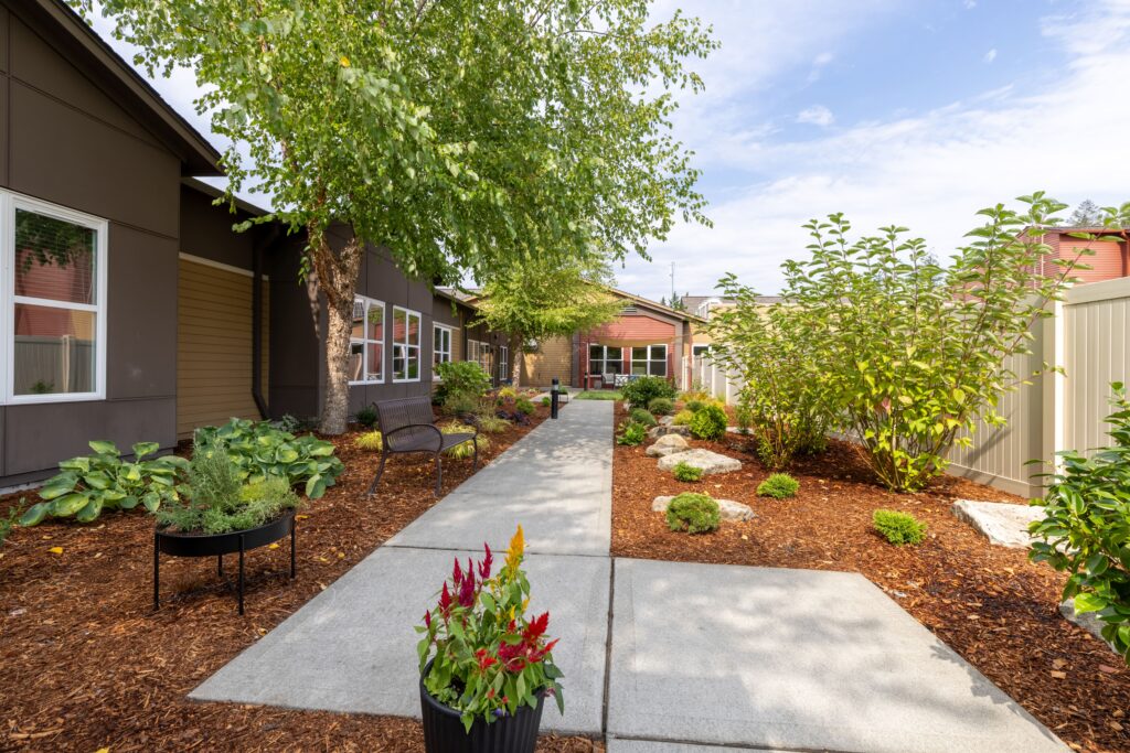 A landscaped walkway lined with greenery and decorative plants, leading between two buildings. The path is made of concrete, with mulch and bushes on either side.