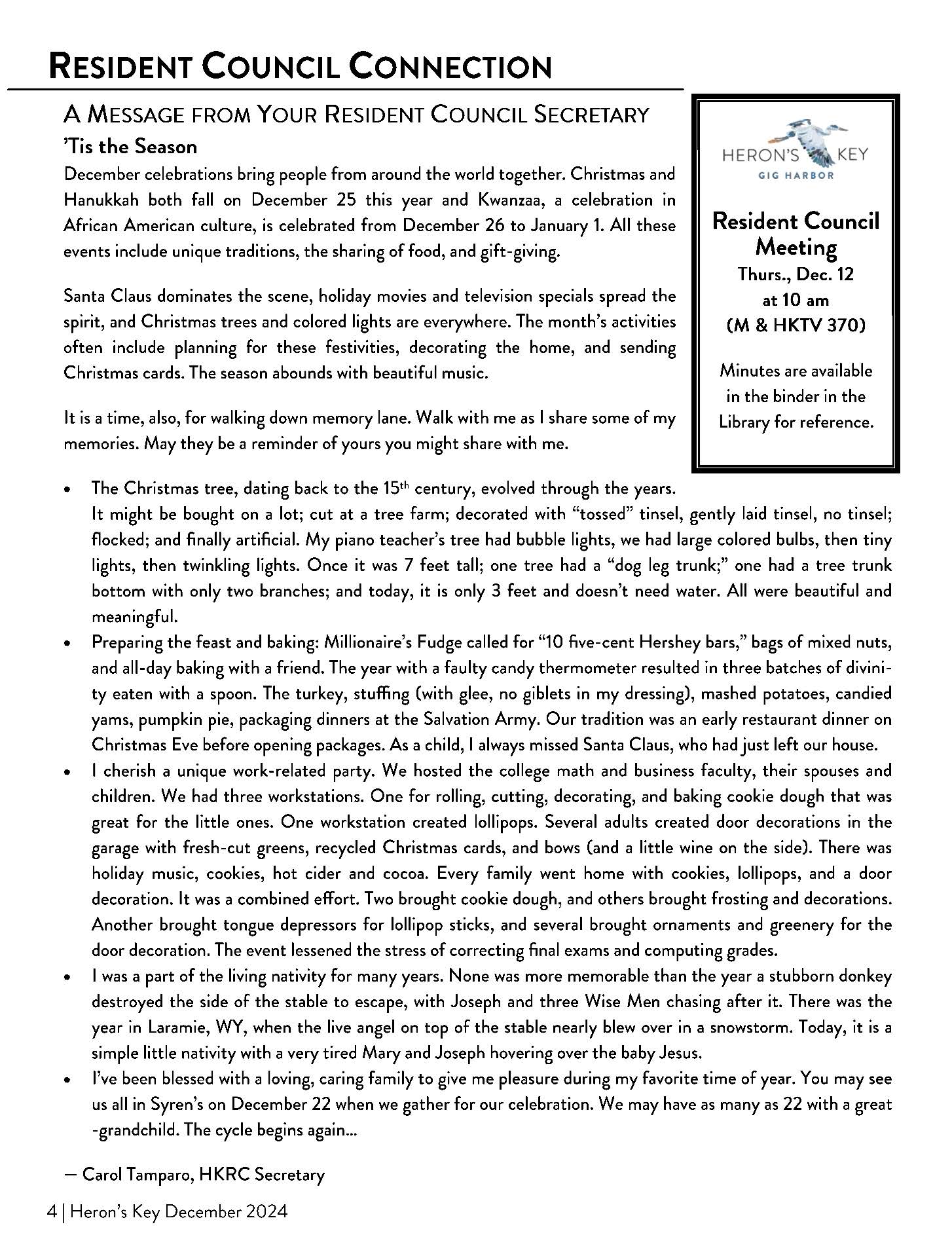 Heron's Key Monthly Newsletter; Heron's Flight for December 2024. This newsletter covers activities, events, and news happening around the community.