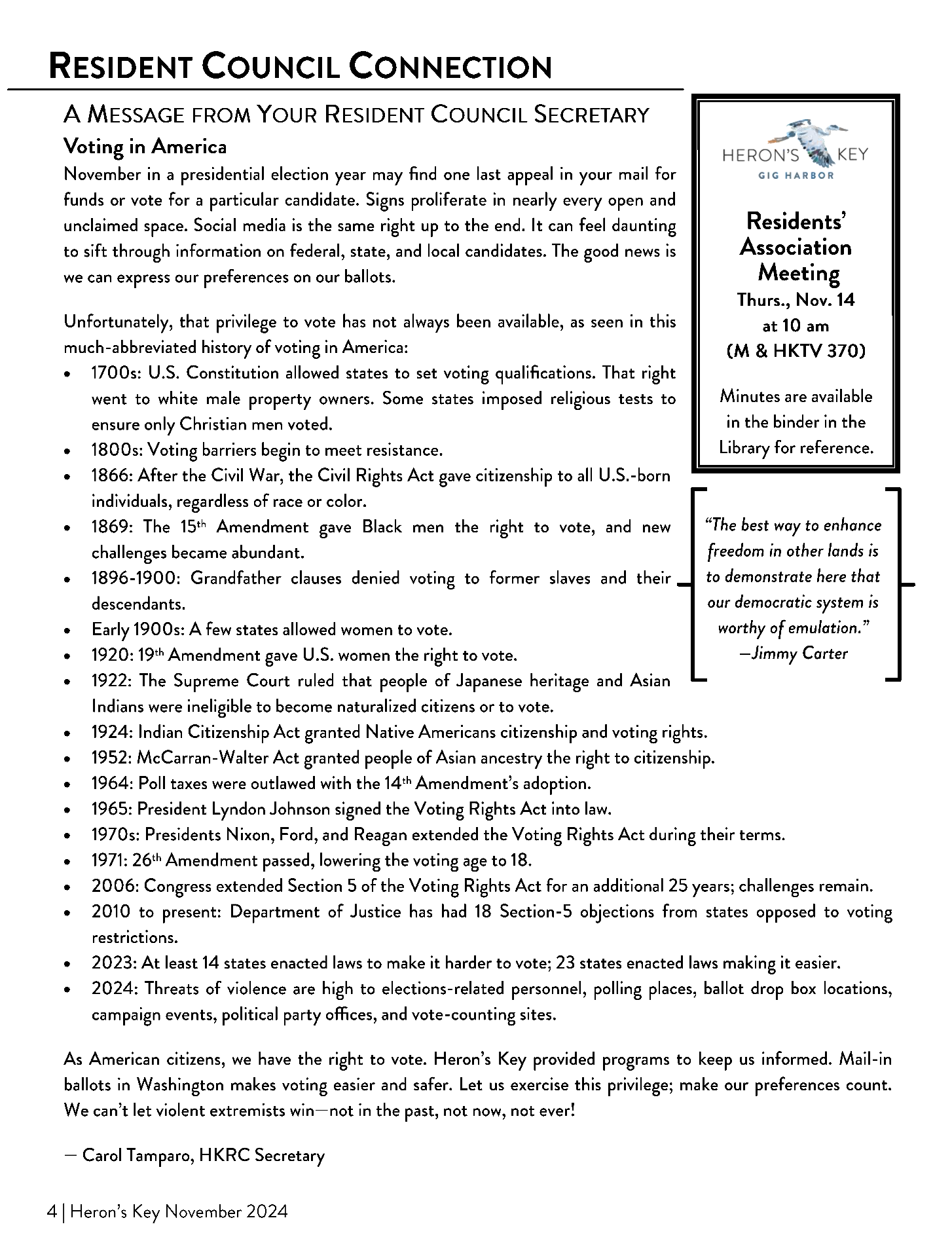 Heron's Key Monthly Newsletter; Heron's Flight for November 2024. This newsletter covers activities, events, and news happening around the community.